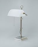 Bankers Lamp / Bankerlampe / Schreibtischleuchte, Messing Nickel matt, Glas weiß glänzend, Höhe 50 cm, 230 V, 1 x E27 60 W