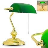Bankerlampe Jugendstil mit grünem Glas-Lampenschirm – Standfuß aus poliertem Messing – Retro Tischlampe – Bibliotheksleuchte 20ger Jahre – E27-Fassung 60 Watt – inkl. An/Aus-Schalter – Höhe 37cm