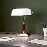 Elegante Bankerlampe, Schreibtischleuchte, mit Holzsockel, 1x E27 max. 60W, Metall / Holz / Glas, messing antik