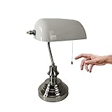 Tischleuchte Bankerslamp mit Zugschalter Fassung E27 Bankerlampe Schreibtischleuchte Arbeitsleuchte Nachtischlampe Tischlampe Nostalgielampe (nickel-weiß)